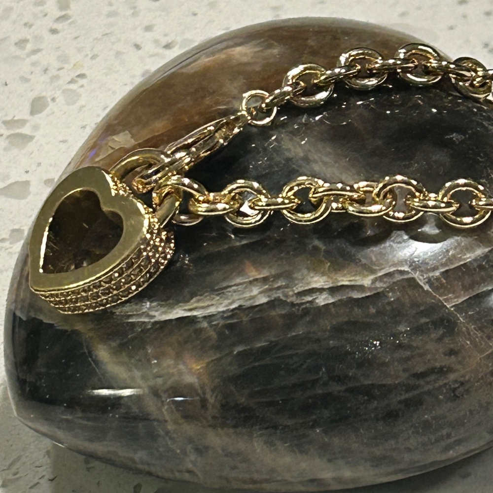 Pave Rhinestone and Gold Heart Charm Bracelet